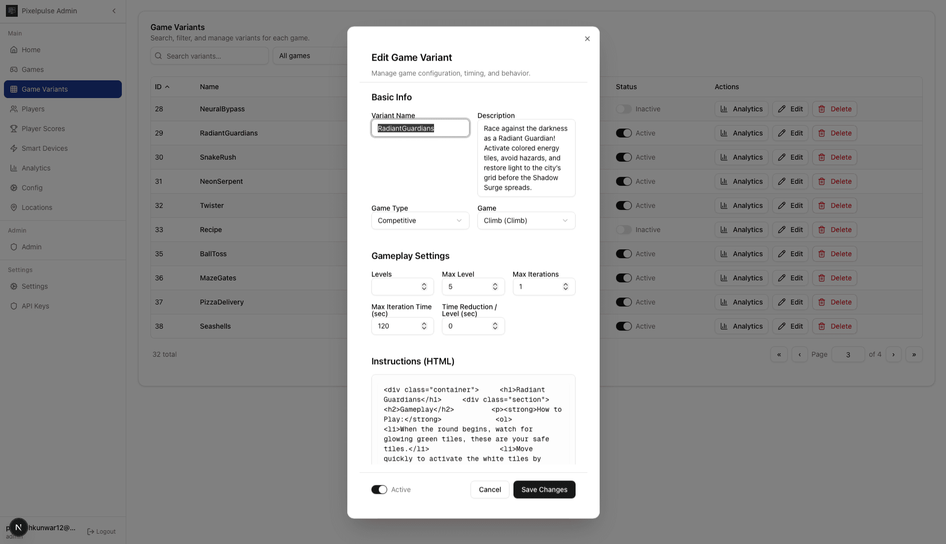 Admin GameVariant Edit