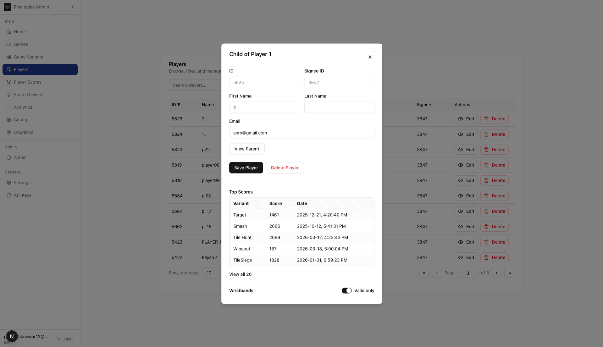 Admin Player Details